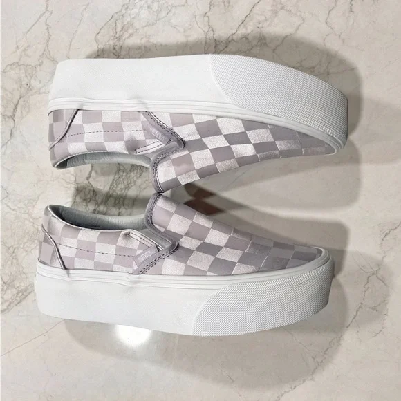 Vans Classic Slip On Stack Form Platform Satin Checkerboard Lilac Sneakers - Picture 2 of 4